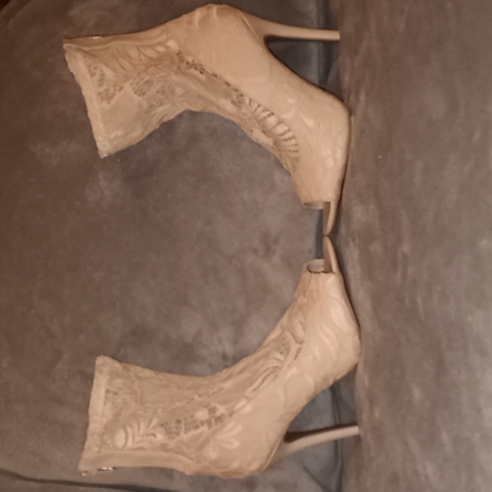 QUPID Floral Lace Peep Toe Stiletto Ankle Boot